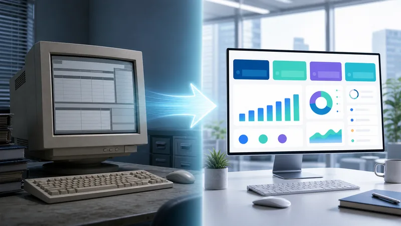 A bulky beige CRT monitor showing a grey Dynamics NAV data grid on a dim desk, with a glowing arrow sweeping right to a modern widescreen Business Central dashboard of colourful KPI tiles, bar and donut charts in a bright office.