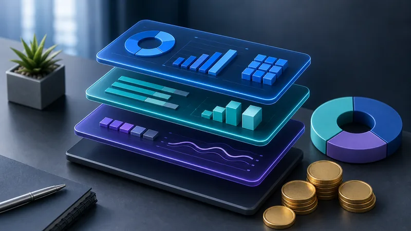 Three glowing translucent dashboard panels stacked in mid-air above a dark desk — blue, teal and violet — each carrying abstract charts, beside a three-segment donut chart and small stacks of gold coins.