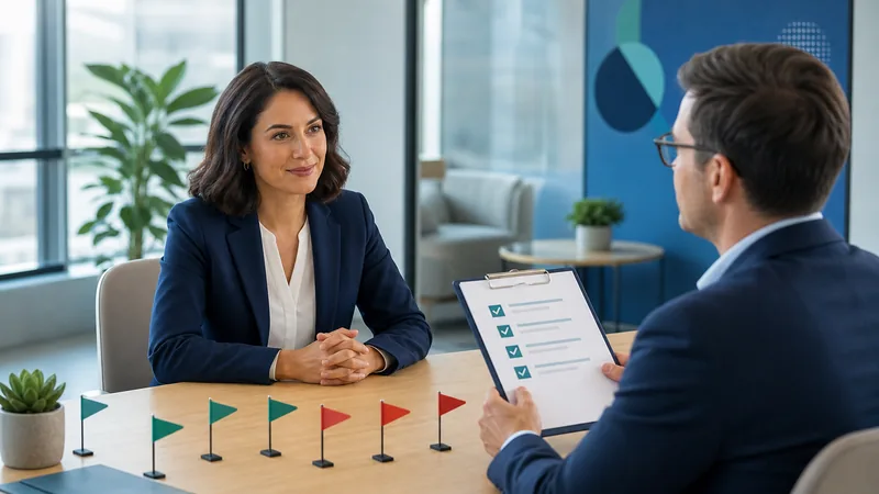 Two people in navy suits facing each other across a light wood table in a bright office, one holding a clipboard with four teal checkmarks, a row of small green and red table flags planted along the tabletop between them.