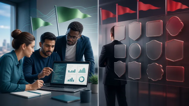 A split image: on the left, three colleagues lean over a laptop showing charts and code under green flags in daylight; on the right, a lone figure in a dark suit stands before a dim wall of empty glass plaques lit red, with red flags above.