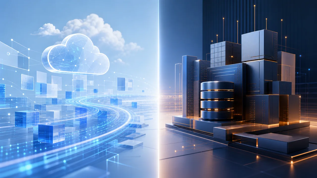 A split composition: on the left, a glowing wireframe cloud above pale blue data cubes streaming along light trails; on the right, a dark navy stack of metallic server blocks and a cylindrical database edged in amber light.