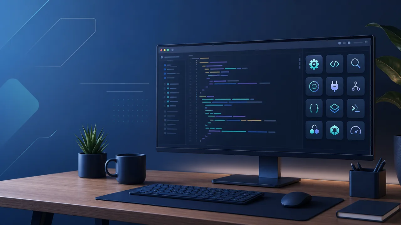 A widescreen monitor on a wooden desk in a dark blue office, showing a code editor with coloured AL syntax on the left and a four-by-three grid of teal tool icons on the right, beside a small plant, a dark mug and a keyboard.