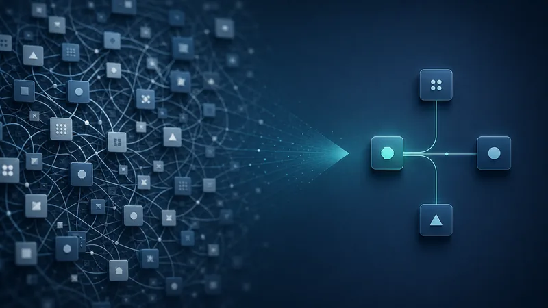 On a dark blue field, a dense tangle of dozens of grey icon tiles wired together on the left narrows through a funnel of light into four cleanly connected teal tiles on the right.