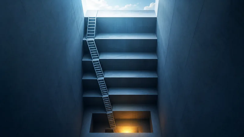 Looking down into a deep grey concrete shaft with daylight and clouds at the top, a narrow metal ladder descending past several bare floor slabs toward a warm golden glow in the room at the very bottom.