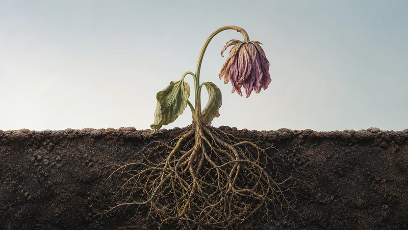 A cross-section of dark soil showing a wilting plant: above ground a drooping purple flower and two limp leaves, below ground a dense tangle of pale roots spreading much wider than the plant itself.