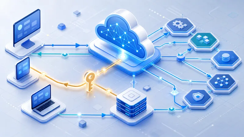An isometric diagram on a pale background: a desktop screen, a tablet and a laptop on the left wired by blue arrows to a glowing blue cloud in the centre, a golden key on the line running to a server stack below, and blue hexagon tiles for a gear, cubes, a database, a network graph and a shield on the right.