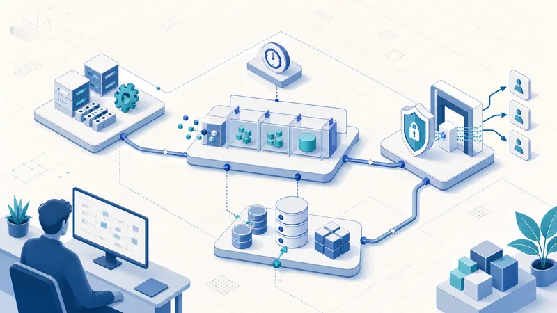 Pale blue isometric illustration: a developer at a monitor watching a flow diagram, a server stack with a gear feeding a multi-stage pipeline under a clock, a bank of databases below, and a padlocked shield gateway on the right opening onto three user icons.