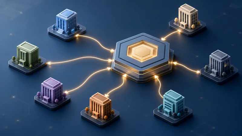 An isometric scene on deep navy: a glowing golden hexagonal hub at the centre, linked by curved lines of light to seven office buildings on dark platforms, each a different colour — blue, beige, green, grey, purple, orange and teal.