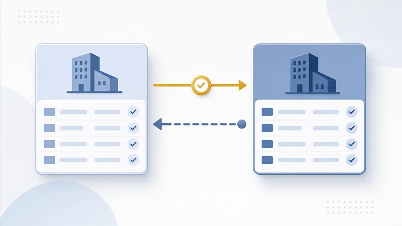 Two rounded cards side by side on a pale grey background, each showing an office building above four ticked ledger lines. A solid amber arrow with a checkmark badge runs from the left card to the right one, and a dashed blue arrow returns underneath.