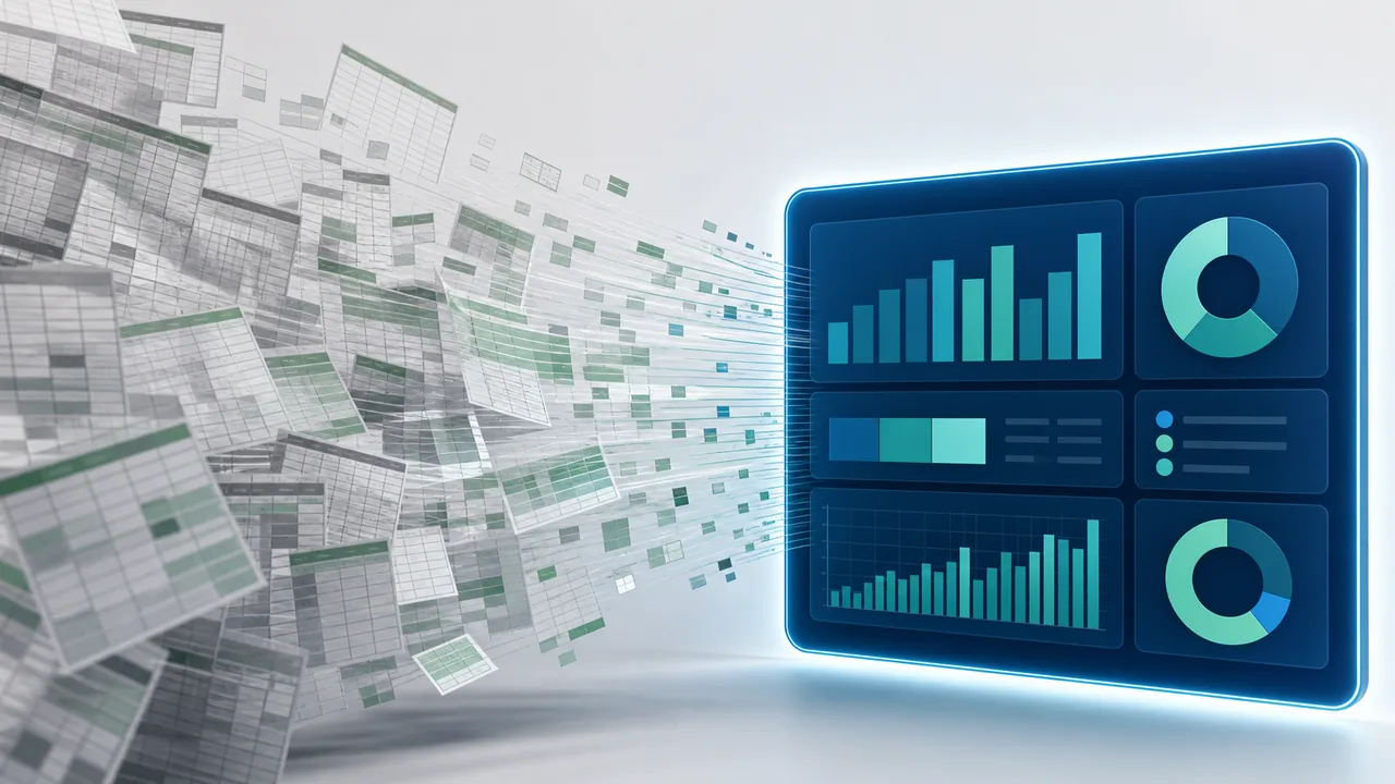 Dozens of translucent spreadsheet pages stacked on the left, dissolving into streaks of light as they stream rightward into a glowing dark blue dashboard panel showing bar charts, donut charts and a progress bar in teal and blue.
