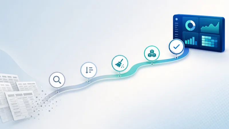 A stack of grey printed spreadsheets at bottom left breaking into pixels, feeding a rising grey-to-teal ribbon studded with five circular icons — a magnifying glass, a sort arrow, a broom, stacked cubes, and a checkmark — that ends at a dark blue dashboard of charts.