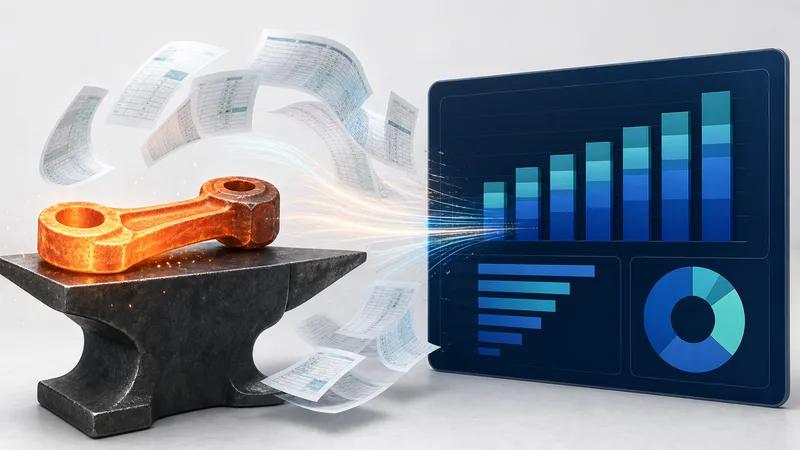 A glowing orange forged steel connecting rod resting on a dark anvil, with translucent spreadsheet pages swirling around it and streaming rightward as streaks of light into a dark blue dashboard panel of teal and blue bar charts and a donut chart.
