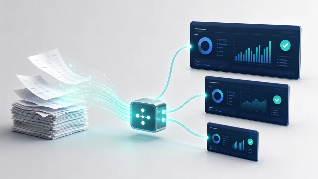 A stack of white paper invoices dissolving into streams of glowing teal light that route through a small glowing hub node and fan out to three dark blue dashboard panels of different sizes, each with teal and blue charts and a checkmark badge.