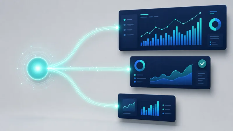 A single glowing teal hub node splitting into three separate light-conduits, each routing to a distinct dark-blue dashboard panel of a different size, illustrating one connector serving several independent platform connections.