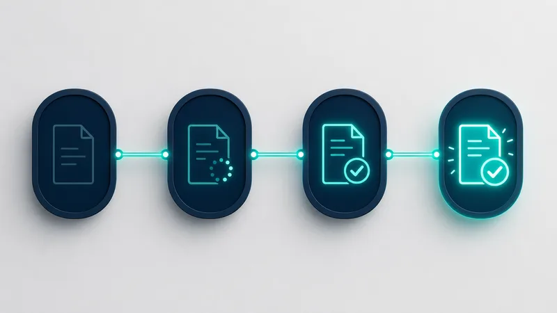 Four rounded document icons in a row connected by a glowing teal line, each one lighting up brighter than the last from dim outline to fully lit with a checkmark, illustrating a document moving through four sequential status stages.