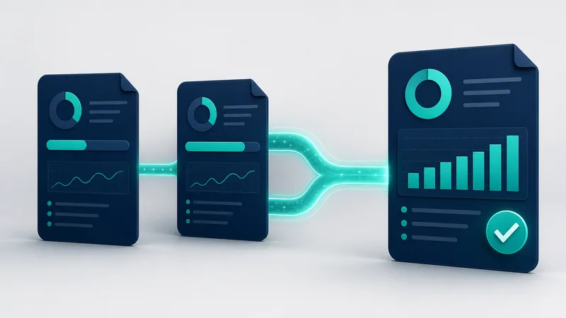 Two smaller dark-blue document panels with partial progress bars merging through a glowing teal conduit into one larger reconciled dashboard panel with a full bar chart and a checkmark, illustrating an advance payment and a final invoice reconciling into one posting.