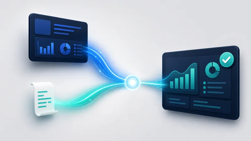 A small paper receipt and a dark-blue dashboard document each sending a glowing light trail toward a central point, converging into one reconciled dashboard panel with a chart and a checkmark, illustrating an employee receipt and a supplier e-invoice resolving to a single posting.