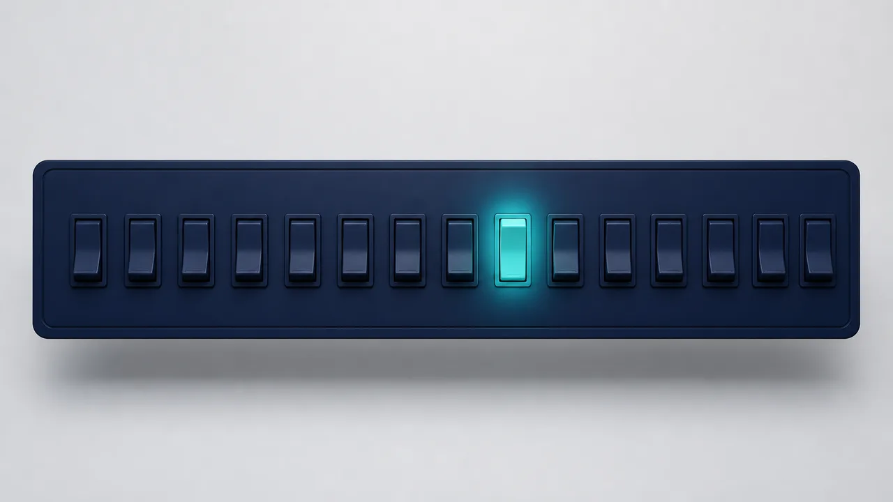 A dark navy control panel on a pale grey studio background, carrying a long row of identical unlabelled switches all left dark, with a single switch lit and glowing teal — one customization kept out of everything that was requested.