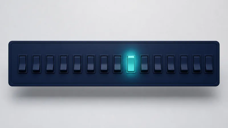 A dark navy control panel on a pale grey studio background, carrying a long row of identical unlabelled switches all left dark, with a single switch lit and glowing teal — one customization kept out of everything that was requested.