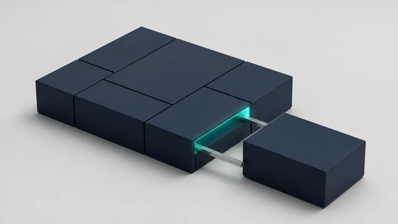 A cluster of dark navy rectangular modules on a pale grey studio background, with one module sliding into its slot along two thin rails and a teal glow along the seam — a clean fit, nothing forced.