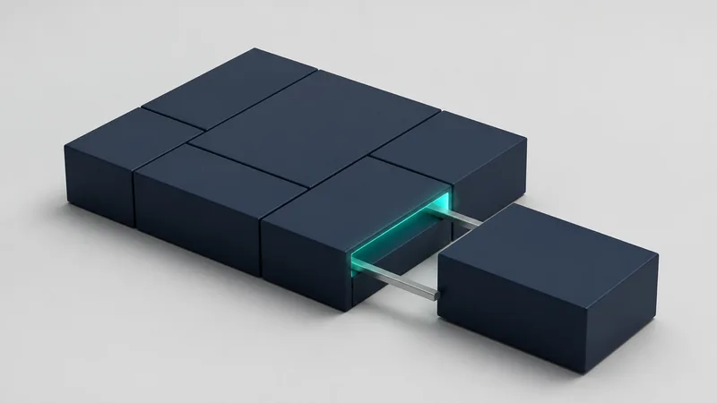 A cluster of dark navy rectangular modules on a pale grey studio background, with one module sliding into its slot along two thin rails and a teal glow along the seam — a clean fit, nothing forced.