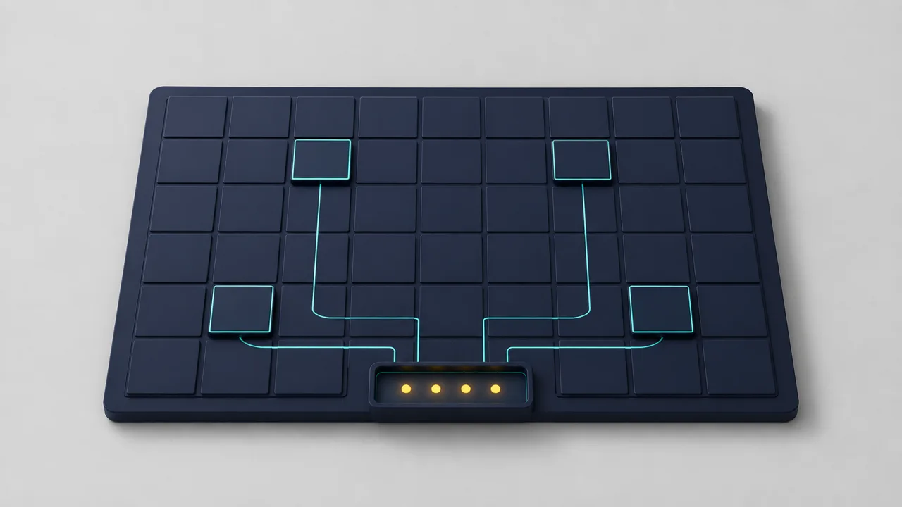 A dark navy control panel made of small flat tiles on a pale grey studio background; four tiles are lifted and outlined in teal, with thin teal lines gathering them into one small tray holding four amber dots in a neat row — errors collected, not scattered.