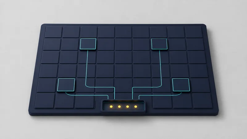 A dark navy control panel made of small flat tiles on a pale grey studio background; four tiles are lifted and outlined in teal, with thin teal lines gathering them into one small tray holding four amber dots in a neat row — errors collected, not scattered.