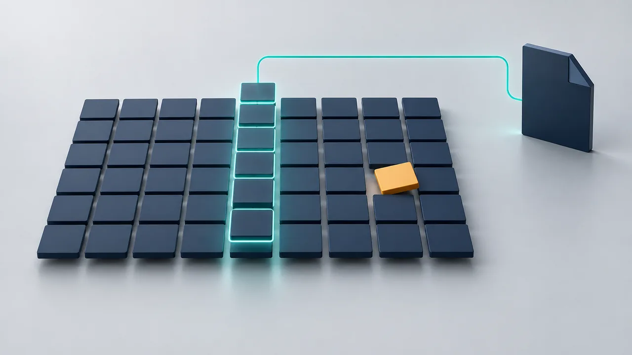 A pale grey studio background holding a dark navy spreadsheet grid; one column of cells is lifted slightly out of the grid and outlined in teal, with a thin teal line running from it back to a small navy page-shaped card, and a single amber cell breaking the alignment.