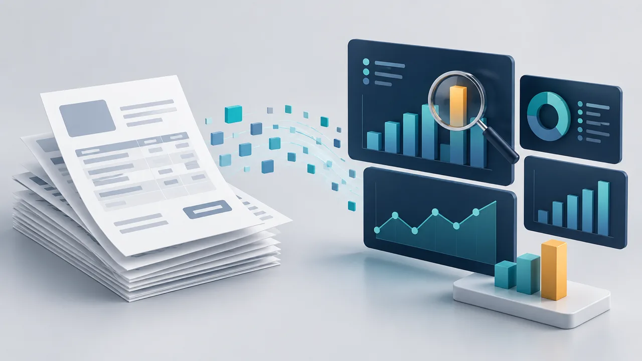 A stack of paper invoices whose data escapes as small teal cubes toward navy dashboard panels with bar and line charts; a magnifying glass enlarges one amber bar, like a verification.